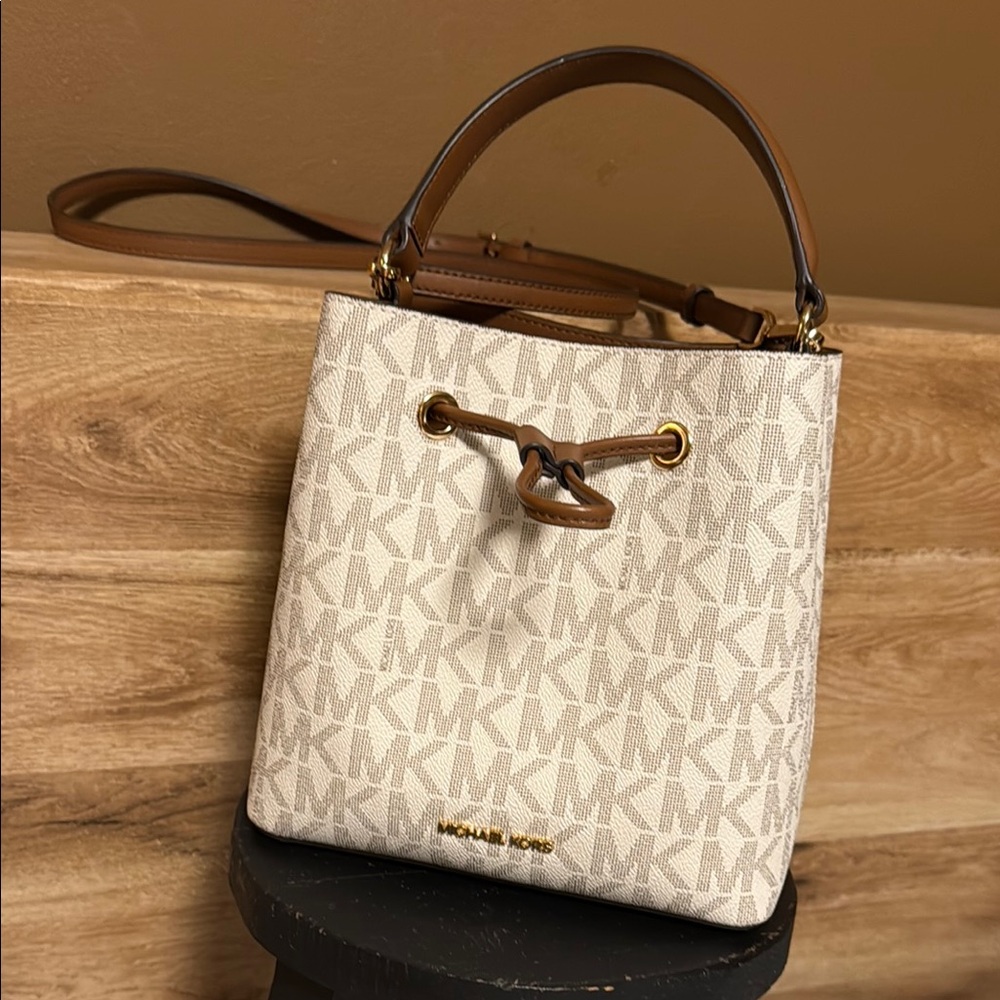 Michael Kors Cream and Brown Shoulder Bag with Signature MK Pattern